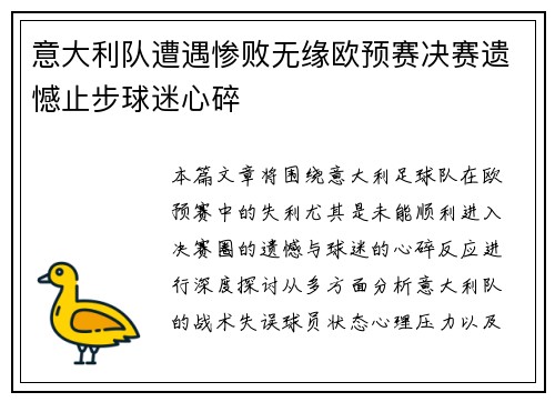 意大利队遭遇惨败无缘欧预赛决赛遗憾止步球迷心碎